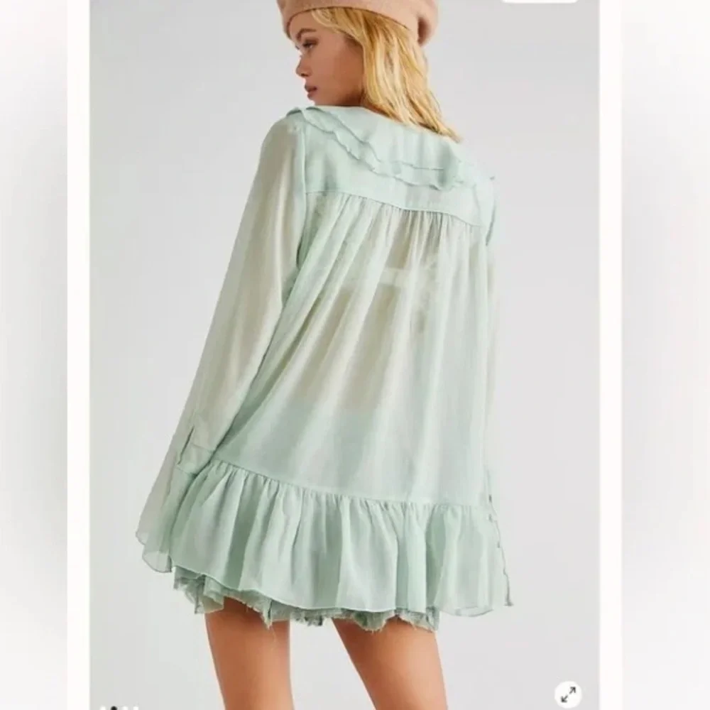 Free People Callie Sheer Flowy Light Green Ruffled Tunic Blouse Boho Drapey Chic - Picture 9 of 10